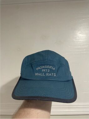 Patagonia 1973 Wall Rats Teal Blue 5 Panel Canvas Hat Cap 90's Low Crown.